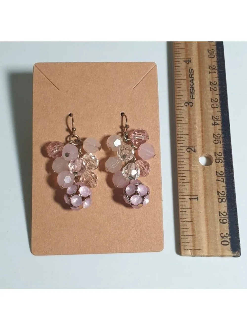 Pink Beaded Drop Earrings Silver Tone Hook Crystal Cluster Lightweight Costume